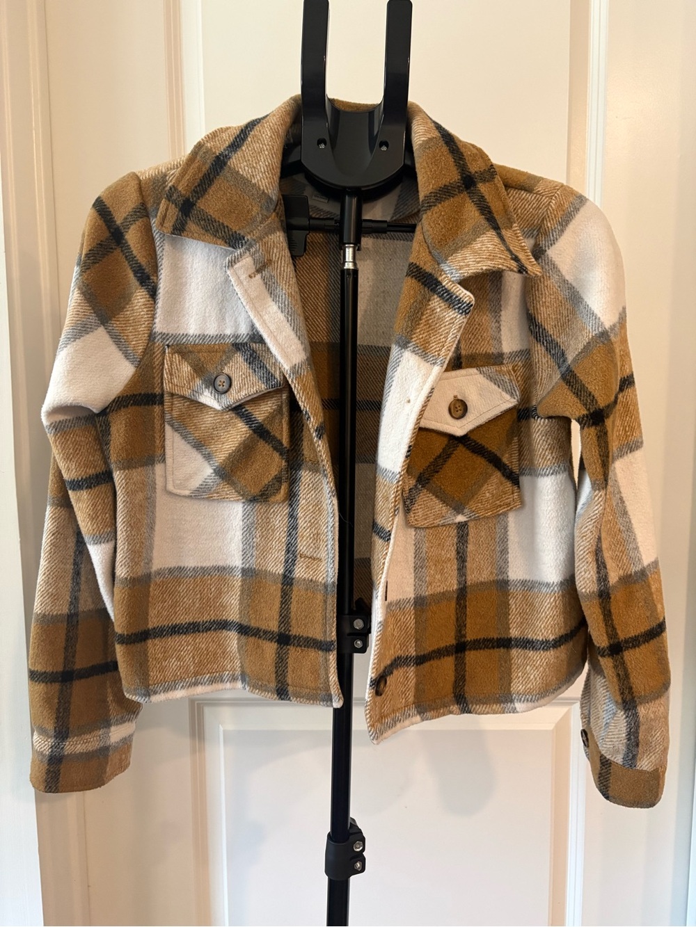 Haute Monde Plaid Shacket Jacket in Camel, Cream and Black